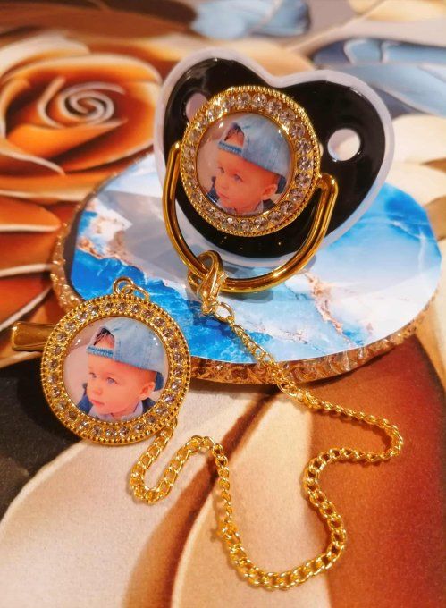 Tétine, sucette avec attache noir personnalisé avec la photo / logo de votre choix