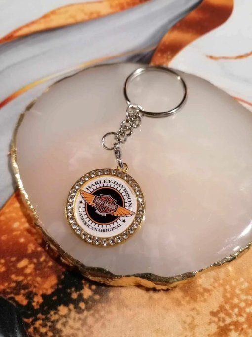 Porte-Clé Harley Davidson Doré ou Argenté avec Strass – Accessoire Biker